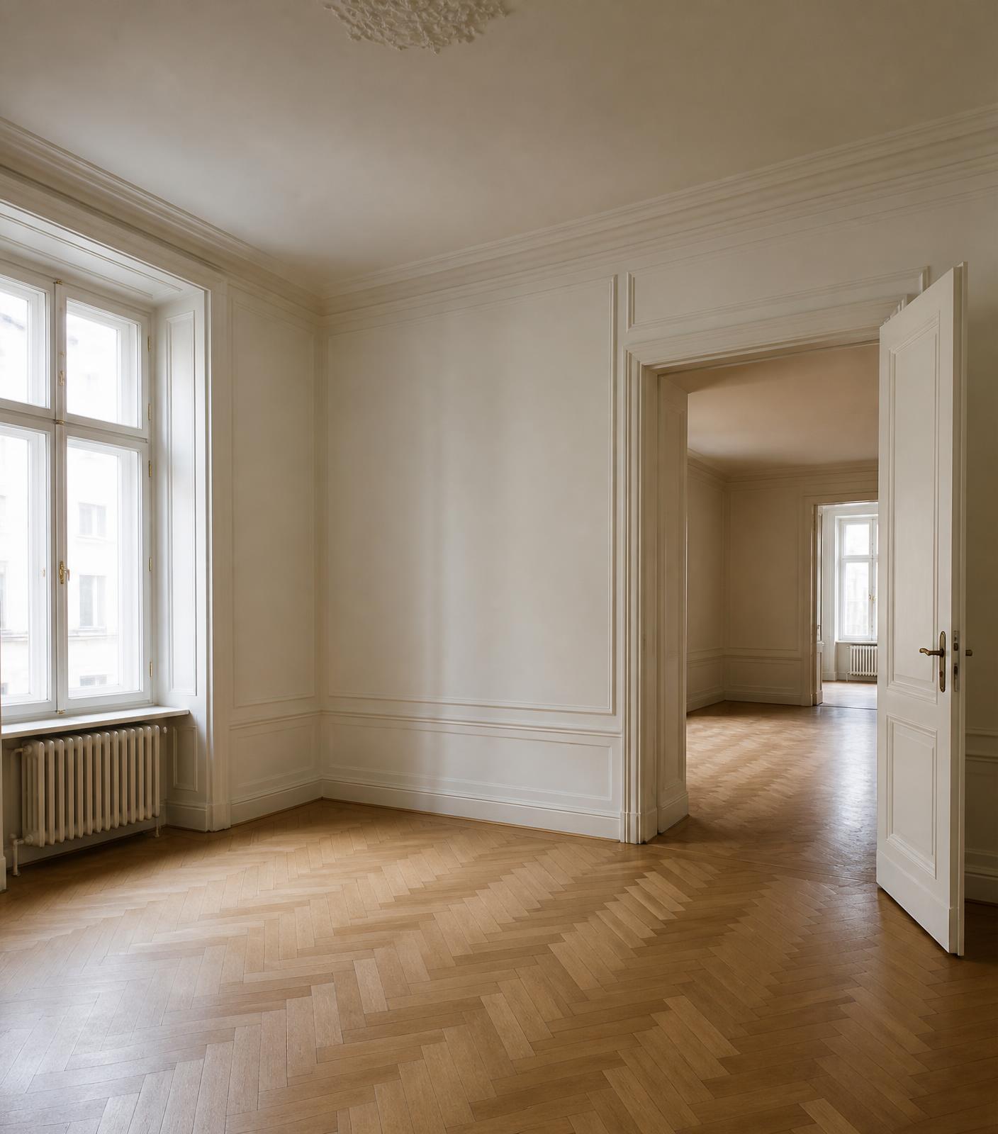 Besenrein übergebene, vollständig geräumte Altbauwohnung nach einer Haushaltsauflösung